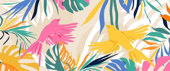 Tropical leaves background vector. Botanical foliage banner design hand drawn colorful palm leaf, monstera leaves, bird line art. Design for wallpaper, cover, cards, packaging, flyer, fabric.