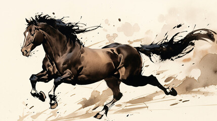 Watercolor illustration of a running horse