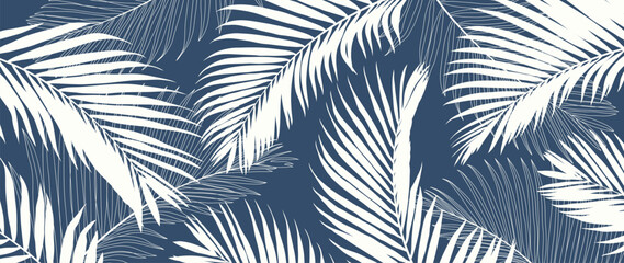 Naklejka premium Tropical leaves background vector. Natural jungle palm leaves design in minimal pale blue color with contour line art style. Design for fabric, print, cover, banner, decoration, wallpaper.