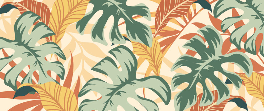 Tropical leaves background vector. Botanical foliage banner design hand drawn colorful palm leaf, monstera leaves line art. Design for wallpaper, cover, cards, packaging, flyer, fabric.