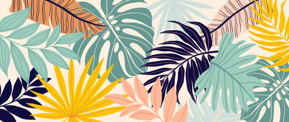 Fototapeta na wymiar Tropical leaves background vector. Botanical foliage banner design hand drawn colorful palm leaf, monstera leaves line art. Design for wallpaper, cover, cards, packaging, flyer, fabric.