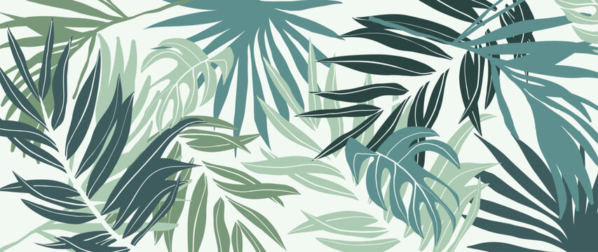 Abstract foliage botanical background vector. Green watercolor wallpaper of tropical plants, palm leaves, leaf branches. Foliage design for banner, prints, decor, wall art, decoration, fabric.