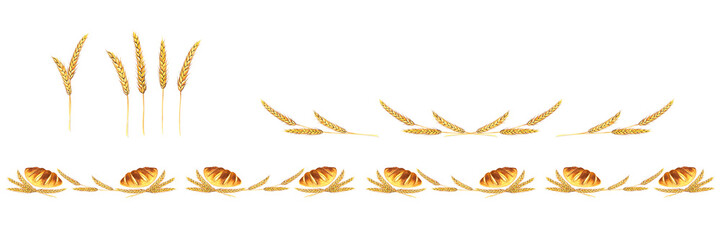 Ornament from ears of wheat and bread. Bakery ear symbol. Watercolor illustration isolated on white.