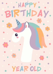 Birthday invitation card design with number and unicorn. One year. Vector illustration of template on pastel background. Invitation for children and adults. Ready to use and editable template.