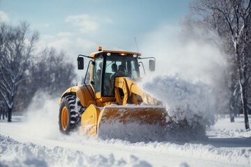Snowplows clearing snow-covered roads in the city during heavy snowfall - obrazy, fototapety, plakaty