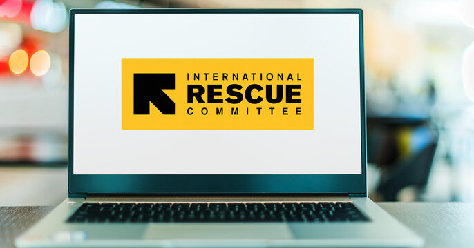 Laptop displaying logo of The International Rescue Committee