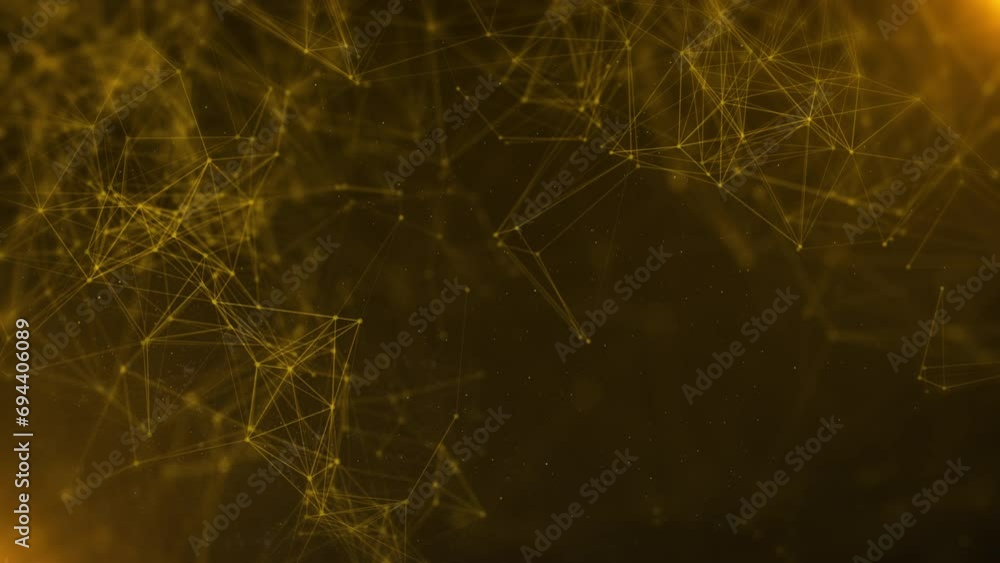 Fototapete Abstract polygonal, low poly network connection structure spinning. Technology gold dots, lines mesh flowing in golden space with lens flare flickering 4K background