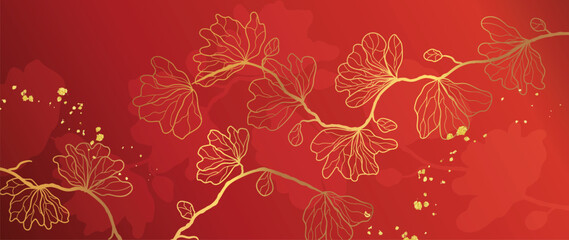 Elegant Chinese oriental pattern background vector. Elegant cherry blossom flower golden line art on red background. Design illustration for happy new year, wallpaper, banner, card. - obrazy, fototapety, plakaty