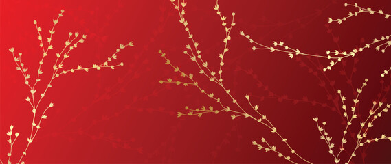 Elegant Chinese oriental pattern background vector. Elegant wildflower golden line art on red background. Design illustration for happy new year, wallpaper, banner, card.