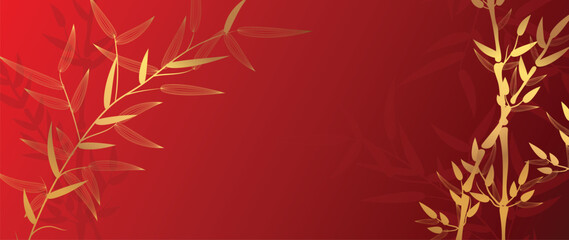 Elegant Chinese oriental pattern background vector. Elegant bamboo leaves branch golden line art on red background. Design illustration for happy new year, wallpaper, banner, card.