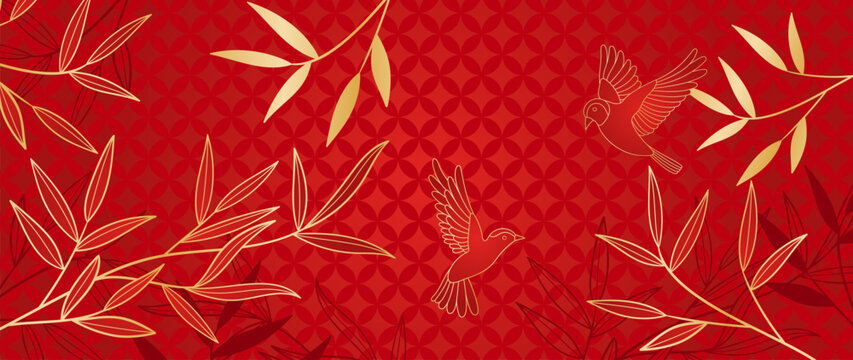 Elegant Chinese oriental pattern background vector. Elegant swallow bird and bamboo leaves branch golden line art on red background. Design illustration for happy new year, wallpaper, banner, card.