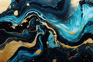 Fotobehang Black and blue marble abstract background. Decorative acrylic paint pouring rock marble texture. Horizontal black and blue wavy abstract pattern © Nacci