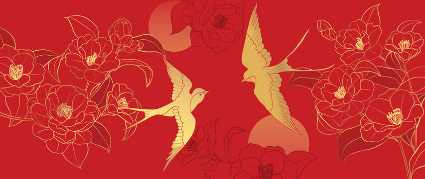 Elegant Chinese oriental pattern background vector. Elegant swallow bird and peony flower golden line art on red background. Design illustration for happy new year, wallpaper, banner, card.