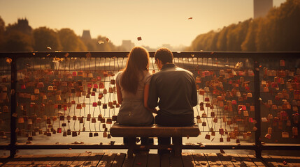A couple of lovers are on the bridge with locks