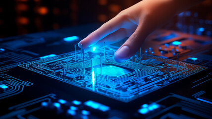 businessman in futuristic background using circuit board for business