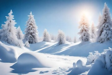 Gorgeous scenery with snowdrifts and fir trees covered with snow