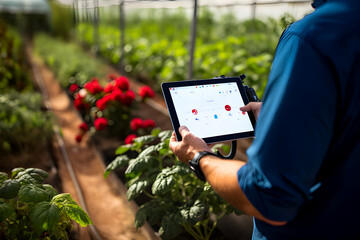 person in a blue shirt is holding a tablet over a row of plants, using technology to check or record information about the plants - obrazy, fototapety, plakaty