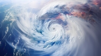 Process of the formation and movement of a huge cyclone above the Earth's surface. Meteorological satellites guard the safety of people. - obrazy, fototapety, plakaty
