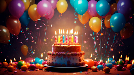 birthday cake with candle and balloons - obrazy, fototapety, plakaty