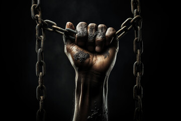 Raised fist in chains, african liberation day celebration, the concept of fighting slavery, freedom and independence, hand up - obrazy, fototapety, plakaty