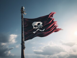 Red pirate flag with skull and crossed bones on a blue sky, pirate party, pirate themed event,...