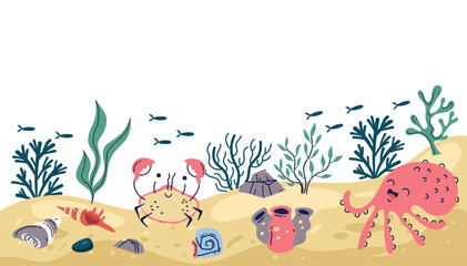 Sea aquarium underwater ocean bottom mock template concept. Vector flat graphic design illustration