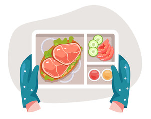 Empty tray in hand arm concept. Vector flat graphic design illustration