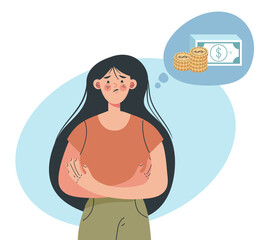 Financial depressed thoughts money business problem concept. Vector flat graphic design illustration
