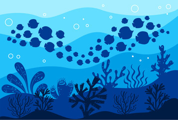 Fototapeta na wymiar Fish shoal ocean seaweed underwater silhouette concept. Vector flat graphic design illustration