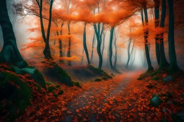 Gorgeous ethereal forest with autumnal blue mist. a vibrant setting with enchanted trees that have crimson and orange foliage. Path through a lovely, hazy scenery