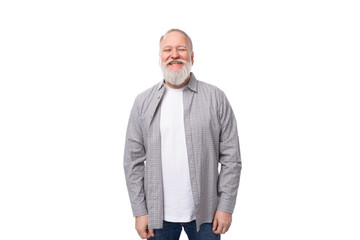 handsome mature man with white beard and mustache dressed in casual comfortable shirt and t-shirt