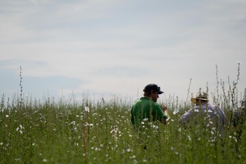 group of farmers doing a crop walk learning about crop health and agronomy from an agricultural...