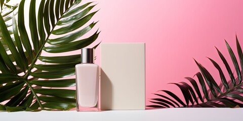 Empty space for displaying cosmetic product packaging on a white and pink background with palm leaves and shadows, used for advertising purposes. Mockup stand.