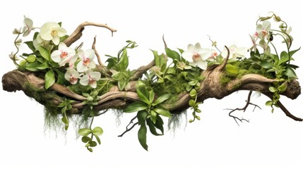 Twisted wild liana messy jungle vines plant with moss, lichen and wild climbing orchid leaves isolated on white background isolated on white background,. Created using Generative AI Technology