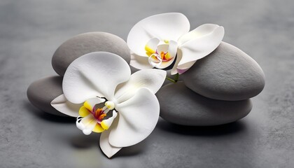 Fototapeta na wymiar white orchid with gray stones suitable background for wellness