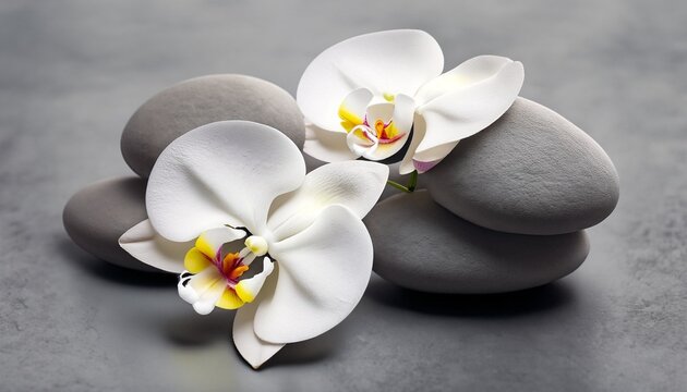 white orchid with gray stones suitable background for wellness
