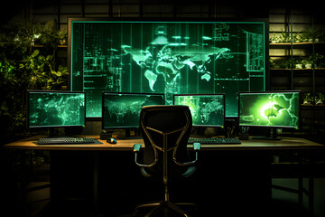 High-tech room, multiple green screens, world maps, desk, chair, plants, keyboard, dark atmosphere, glowing displays, modern setup