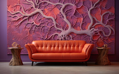 A vibrant coral wall frames a 3D plane tree pattern with holographic bark, casting its magic over a royal purple suede sofa