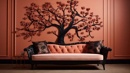a wooden sofa in deep ebony against a backdrop of muted coral, with a 3D plane tree pattern in shades of ivory adorning the wall