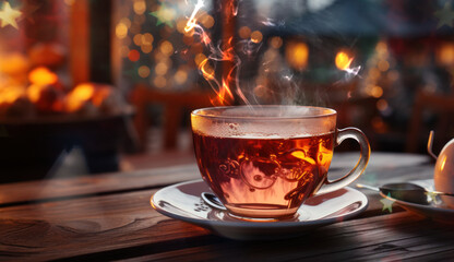 Cup of hot tea by the Christmas fireplace. Concept of winter and Christmas holidays.