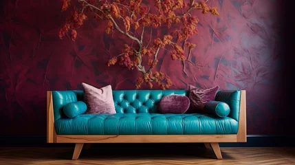 Cercles muraux Ancien avion A wooden-framed sofa in ash stands beneath a 3D plane tree pattern with iridescent teal bark against a rich burgundy feature wall.