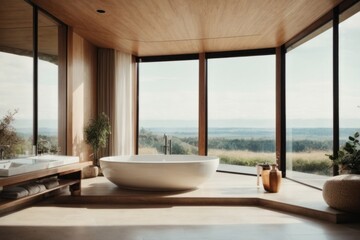 Modern large bathroom with panoramic windows and a beautiful view from the window.