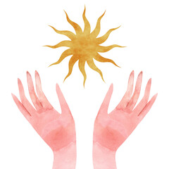 Watercolor illustration of the Sun and woman's hands. Spiritual composition isolated on a white background.