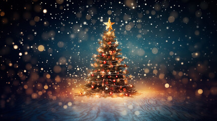 christmas tree with red gifts and christmas decorations on the black background