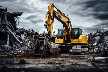 Destruction of old house by excavator. Bucket of excavator breaks concrete structure - obrazy, fototapety, plakaty