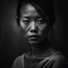 Portrait of a young Asian woman in monochrome.
