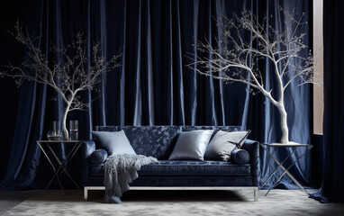 Against a backdrop of midnight black, a 3D plane tree pattern with silver bark drapes over a sumptuous navy blue silk sofa