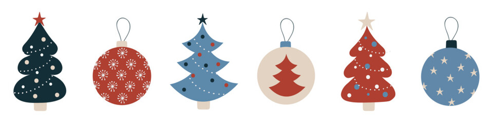 Naklejka na ściany i meble Christmas trees and balls png, decorative elements for new year. 