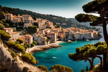Coastline on the French Riviera with the small village