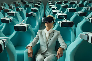 Woman in suit sits among many empty chairs, all with virtual reality headsets. She wears one, experiencing a digital world